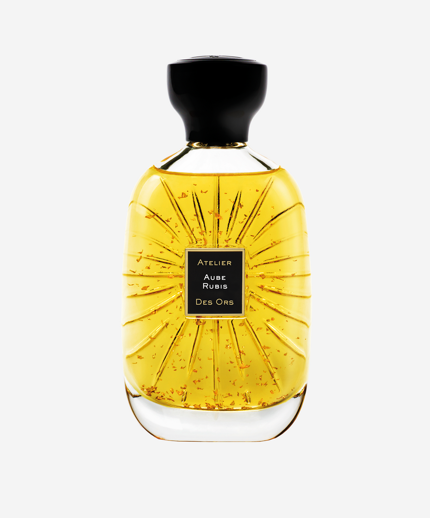Atelier Des Ors Aube Rubis Unisex Perfume for Men and Women 2020 Fragrance Black Cap Gold Flakes in Perfume Yellow Bottle