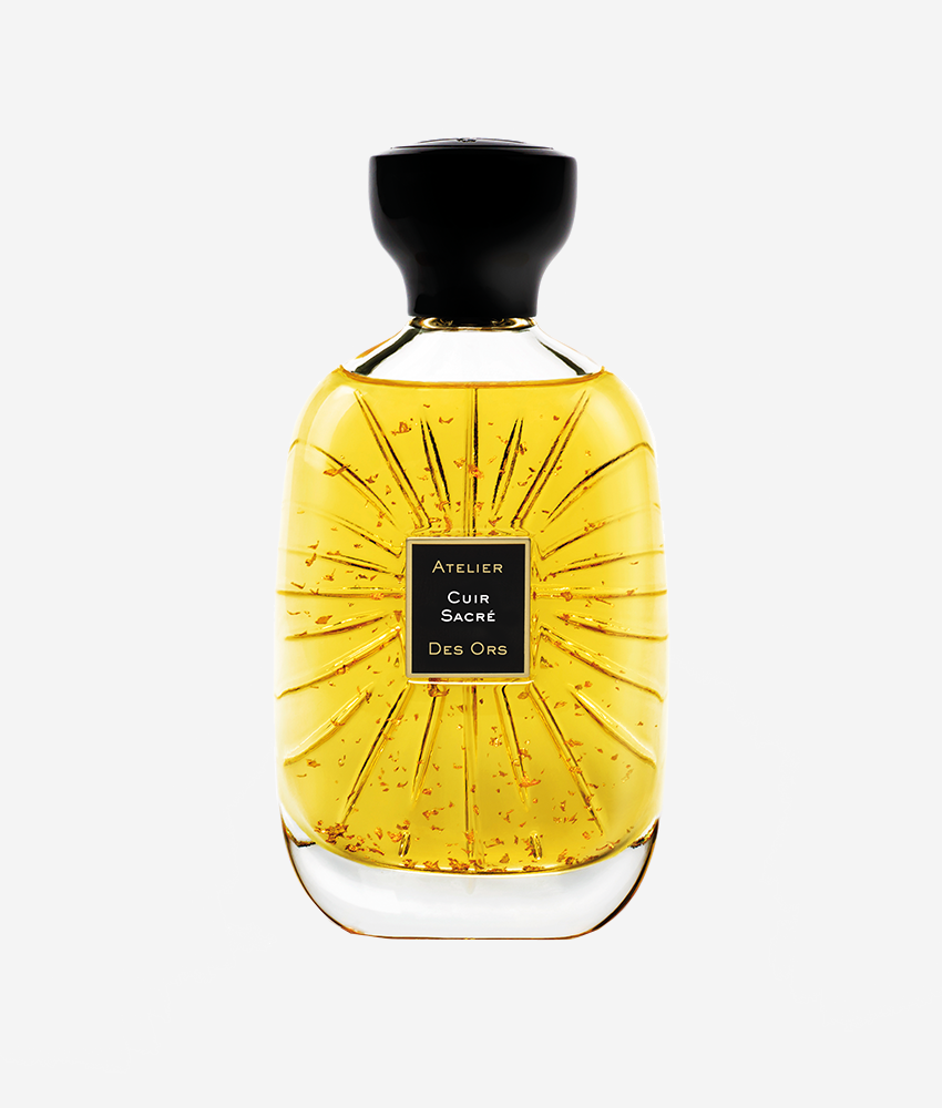 Atelier Des Ors Cuir Sacre Unisex Perfume for Men and Women 2020 Fragrance Black Cap Gold Flakes in Perfume Yellow Bottle