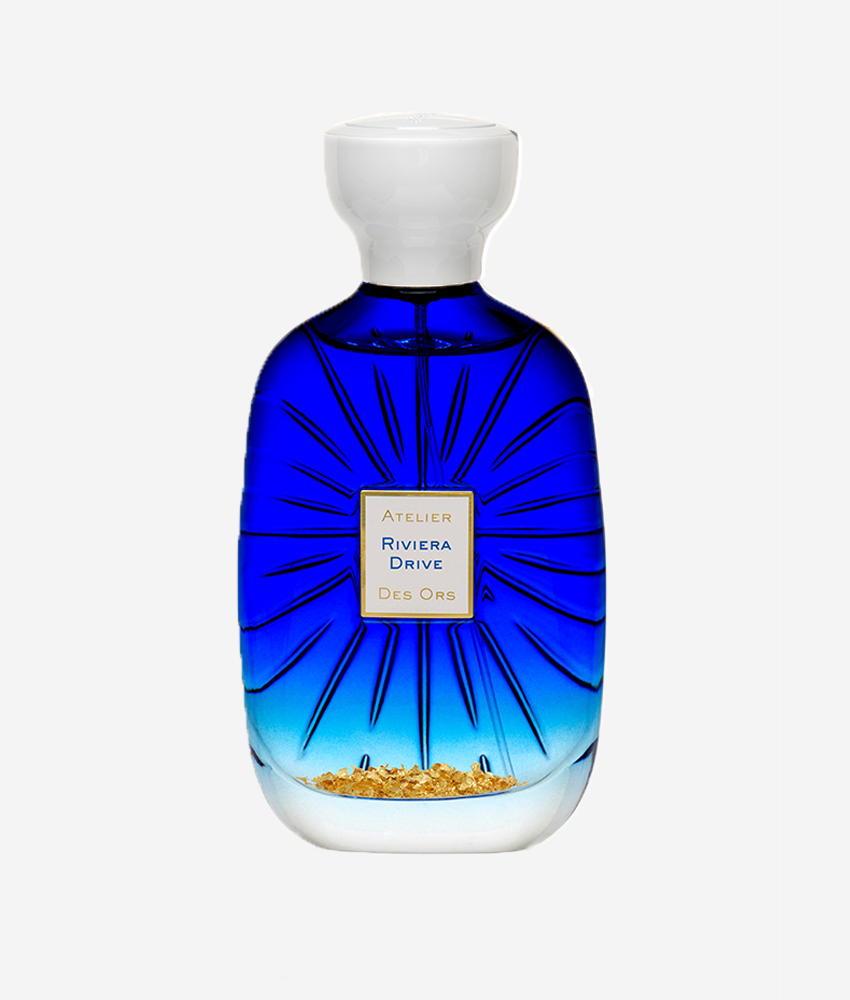 Atelier Des Ors Riviera Drive Unisex Perfume for Men and Women 2020 Fragrance White Cap Gold Flakes in Perfume Blue Bottle