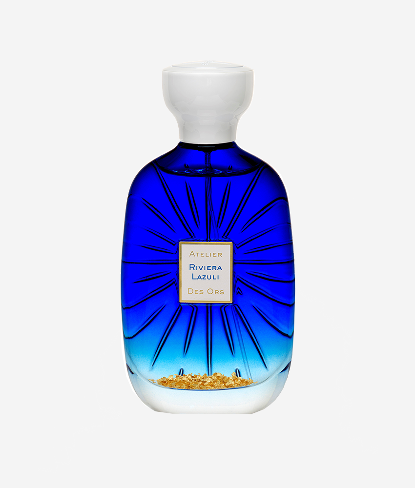 Atelier Des Ors Riviera Lazuli Unisex Perfume for Men and Women 2020 Fragrance White Cap Gold Flakes in Perfume Blue Bottle