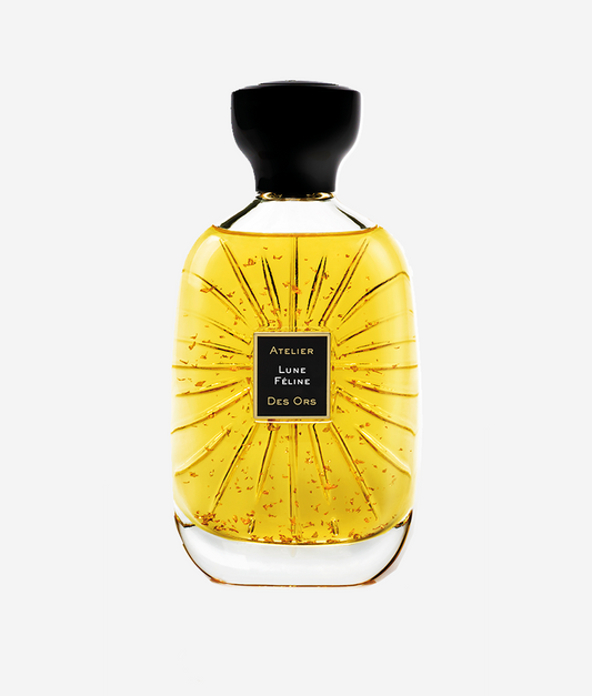 Atelier Des Ors Lune Feline Unisex Perfume for Men and Women 2020 Fragrance Black Cap Gold Flakes in Perfume Yellow Bottle