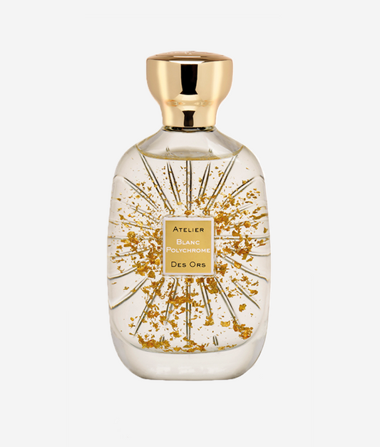 Atelier Des Ors Blanc Polychrome Unisex Perfume for Men and Women 2020 Fragrance Gold Cap Gold Flakes in Perfume Clear bottle
